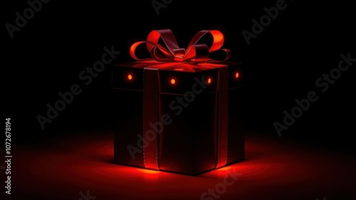 Black gift box with red neon glowing ribbon on black background, red, dark