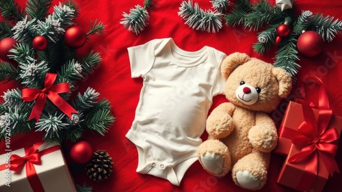 Christmas pregnancy announcement composition featuring a red baby bodysuit, teddy bear, and round card for text or design, pregnancy announcement, arrival