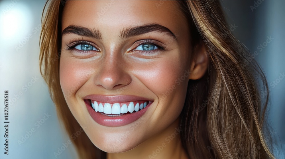 A woman with long brown hair and a bright smile. She has a full set of white teeth A woman with long brown hair and a bright smile. She has a full set of white teeth