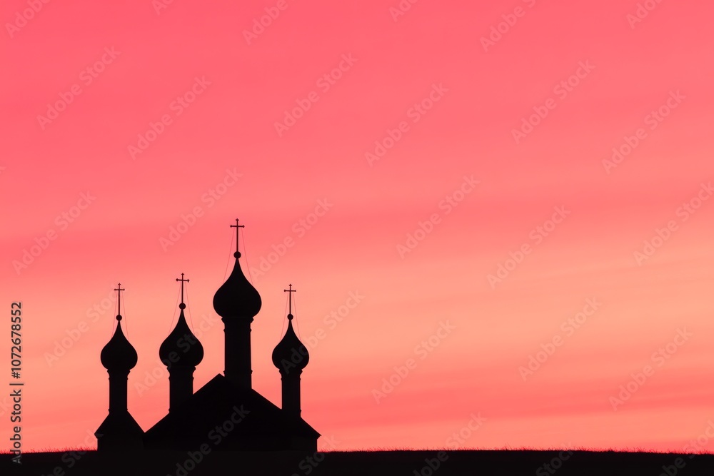 C. The abstract fantasy image of a church with domes and a cross, with space for text. C. The abstract fantasy image of a church with domes and a cross, with space for text.