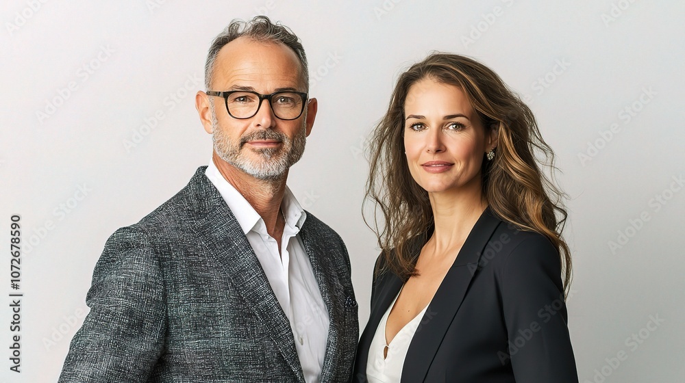 Professional Portrait of Confident Business Partners Posed Together for Corporate Success in Modern Elegant Attire Against Neutral Background Professional Portrait of Confident Business Partners Posed Together for Corporate Success in Modern Elegant Attire Against Neutral Background