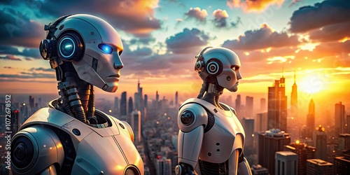 Futuristic robots with glowing eyes overlooking a vibrant cityscape at sunset