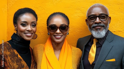 Three people are posing for a photo, with one woman wearing an orange scarf. The man is wearing a suit and tie, and the woman is wearing a black jacket. Scene is cheerful and friendly photo