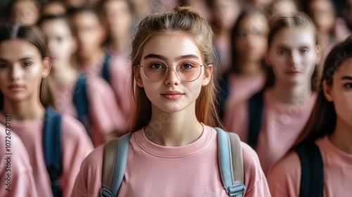 A group of young women are standing together in a pink shirt. One of the women is wearing glasses and has her head turned to the side