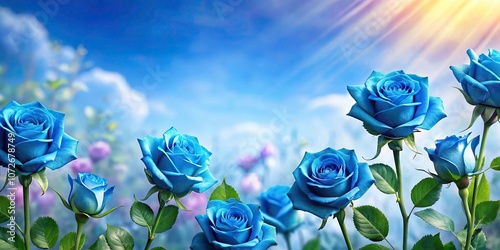 Fototapeta Naklejka Na Ścianę i Meble -  Blue roses blooming against colorful spring sky background with sunlight , blue, roses, colorful, spring, sky, sunlight, flower