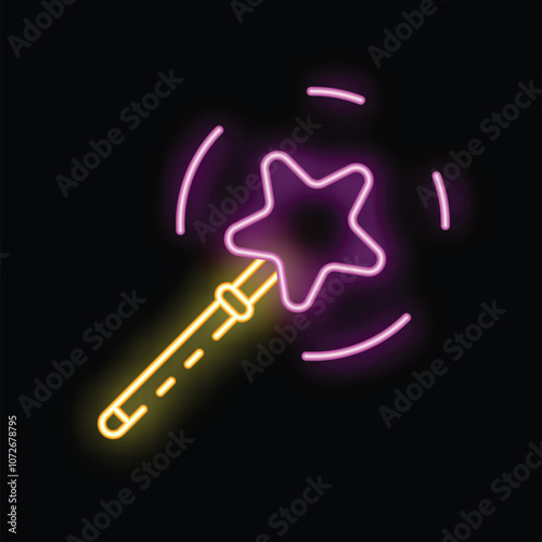 Glowing neon sign depicting a magic wand with a star, emitting sparkling trails of light, perfect for themes of magic and enchantment