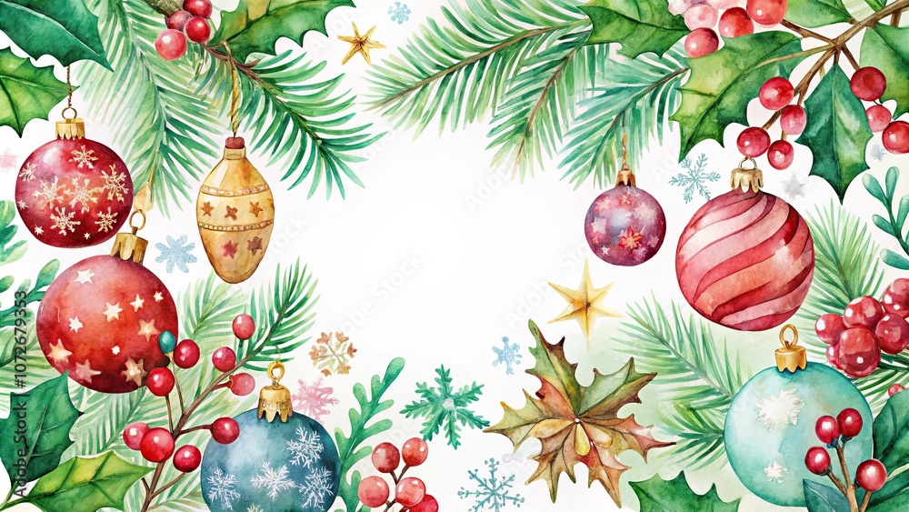 Fototapeta premium Watercolor Christmas featuring festive holiday elements such as ornaments, holly, and snowflakes, watercolor, Christmas