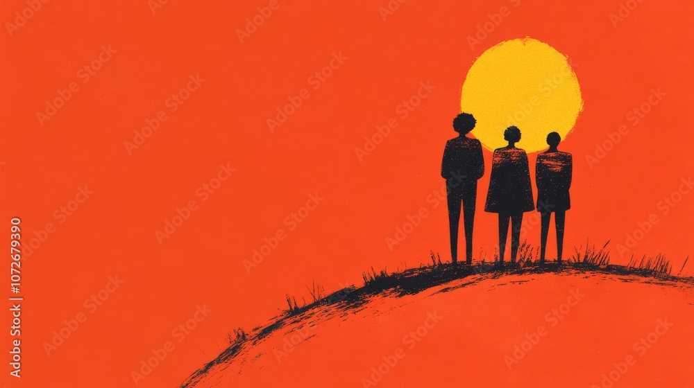 People standing together on a hill looking toward a bright golden horizon. Symbol of solidarity, hope and new beginnings. People standing together on a hill looking toward a bright golden horizon. Symbol of solidarity, hope and new beginnings.