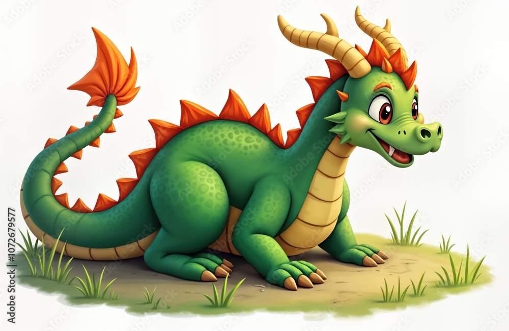 Green cartoon dragon with orange spikes, yellow horns sits on ground with grass. Dragon smiling, looks happy. Cute animal character, 2024 Chinese New Year. For greeting card, banner, design, Green cartoon dragon with orange spikes, yellow horns sits on ground with grass. Dragon smiling, looks happy. Cute animal character, 2024 Chinese New Year. For greeting card, banner, design,