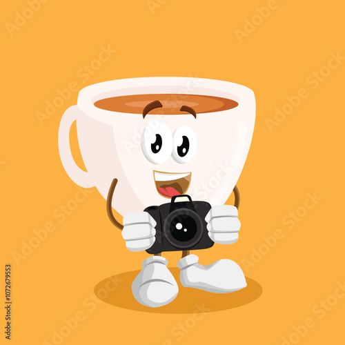 Cup tea mascot with camera pose photo