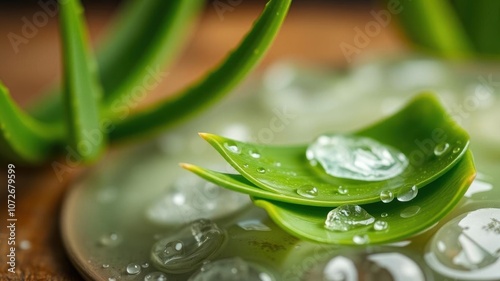 Slices of fresh aloe vera plant stacked leaves water drops on white background, health, plant