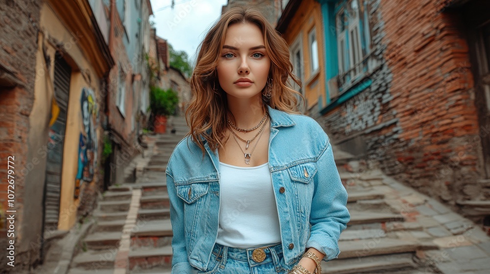 A woman in a blue jacket and white shirt stands on a brick street. She is wearing a necklace and a bracelet
