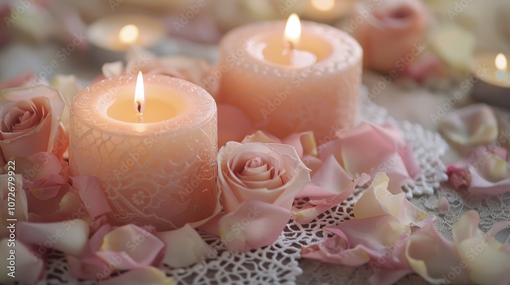 A stunning centerpiece of soft pink candles resting on a bed of delicate lace doilies surrounded by fresh flower petals. The warm and comforting glow of the candles adds a touch of A stunning centerpiece of soft pink candles resting on a bed of delicate lace doilies surrounded by fresh flower petals. The warm and comforting glow of the candles adds a touch of