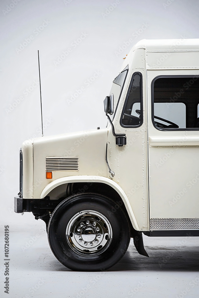 cream-colored retro food truck with chrome details on white background cream-colored retro food truck with chrome details on white background