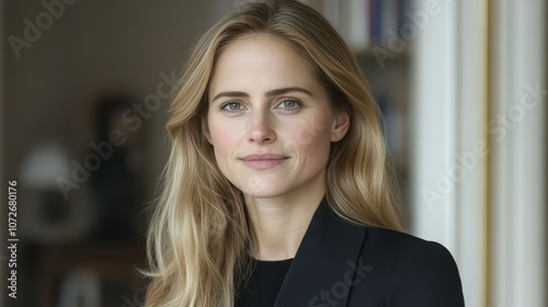 A woman with blonde hair and blue eyes is smiling for the camera. She is wearing a black dress and is standing in front of a bookshelf