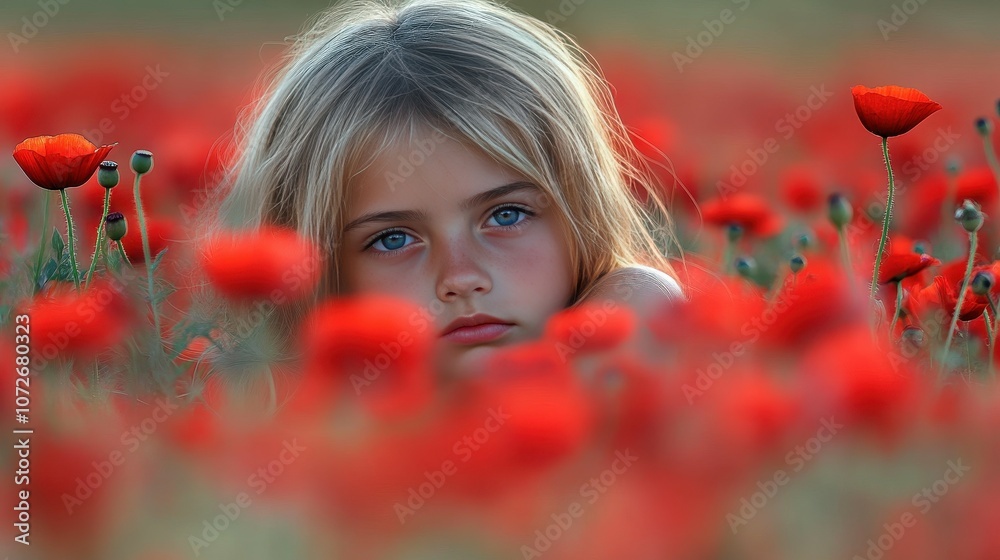 Naklejka premium A young girl is laying in a field of red flowers. The flowers are in full bloom and the girl is surrounded by them. Scene is peaceful and serene, as the girl is enjoying the beauty of the flowers