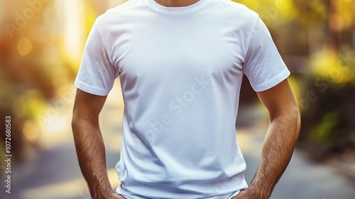 A man is wearing a white shirt and standing in front of a tree. The shirt is blank, and the man is posing for a photo. The image has a casual and relaxed mood