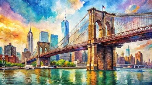 Watercolor of the iconic Brooklyn Bridge with vibrant colors and intricate details, watercolor, touristic