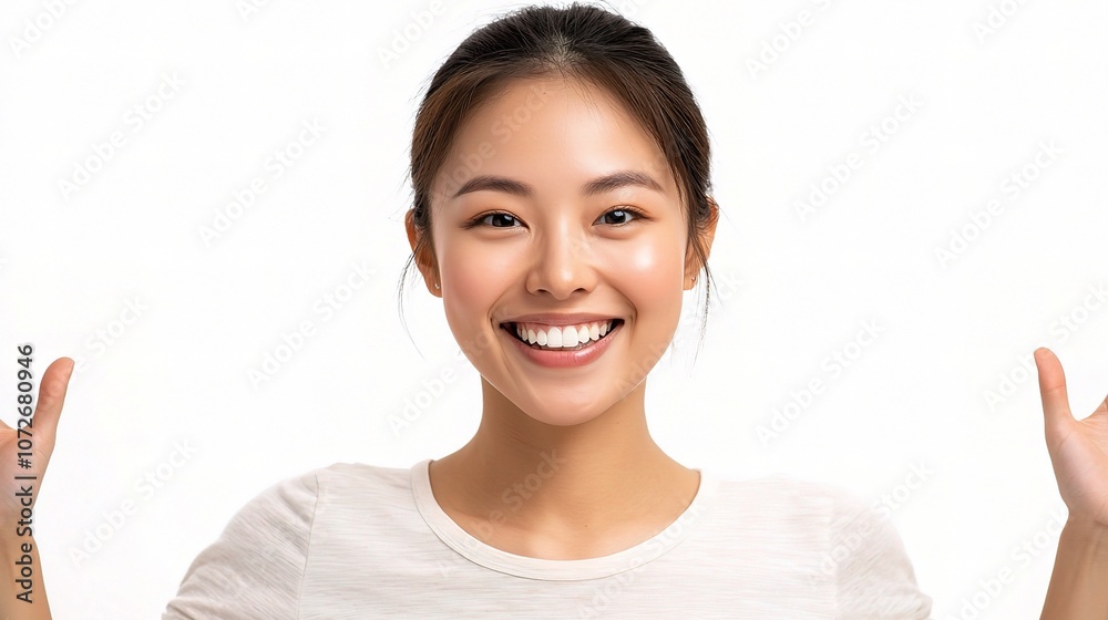 Cheerful Young Asian Woman Smiling Brightly While Standing with Arms Raised, Representing Positivity and Joy in a Studio Setting Cheerful Young Asian Woman Smiling Brightly While Standing with Arms Raised, Representing Positivity and Joy in a Studio Setting