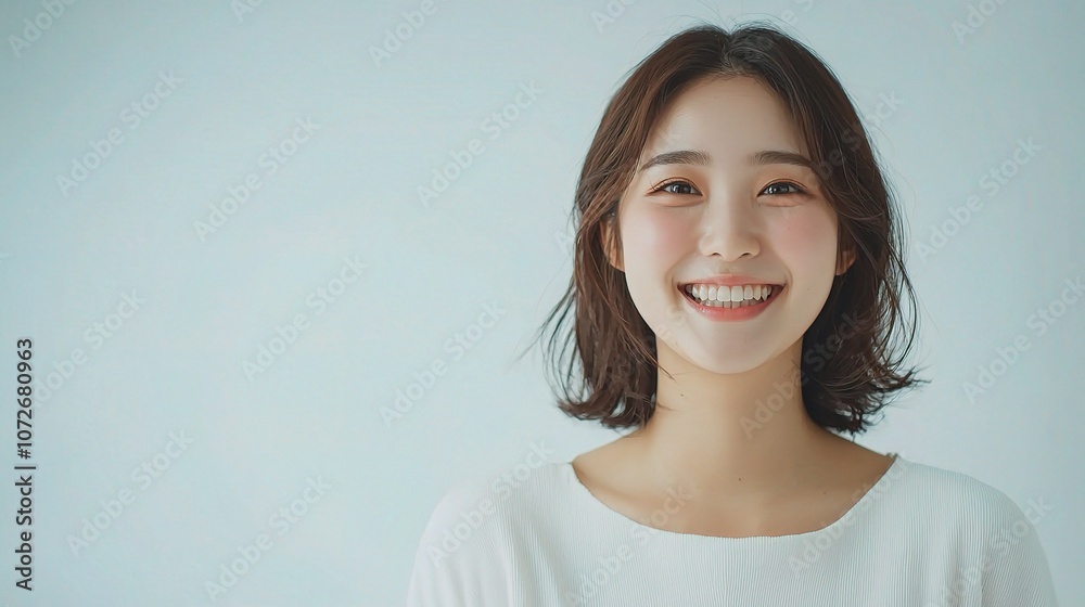 Young Asian Woman Standing Confidently with a Bright Smile Against a Minimalist Background Showcasing Natural Beauty and Positivity in a Warm Atmosphere Young Asian Woman Standing Confidently with a Bright Smile Against a Minimalist Background Showcasing Natural Beauty and Positivity in a Warm Atmosphere