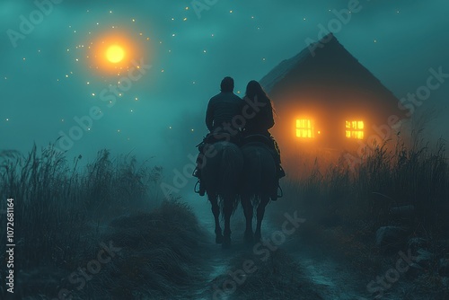 Couple on horseback riding towards a glowing house. photo