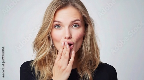 Young Businesswoman Whispering on a Clean White Background, Expressing Surprise with a Hand to Her Mouth in an Engaging Portrait