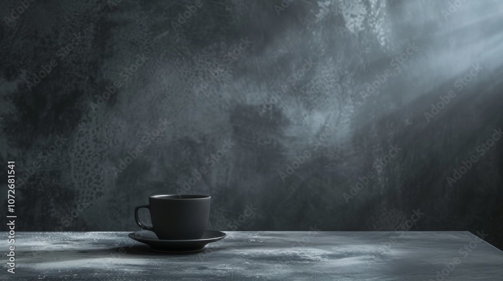 Minimalistic black coffee cup in dim light against dark background Minimalistic black coffee cup in dim light against dark background