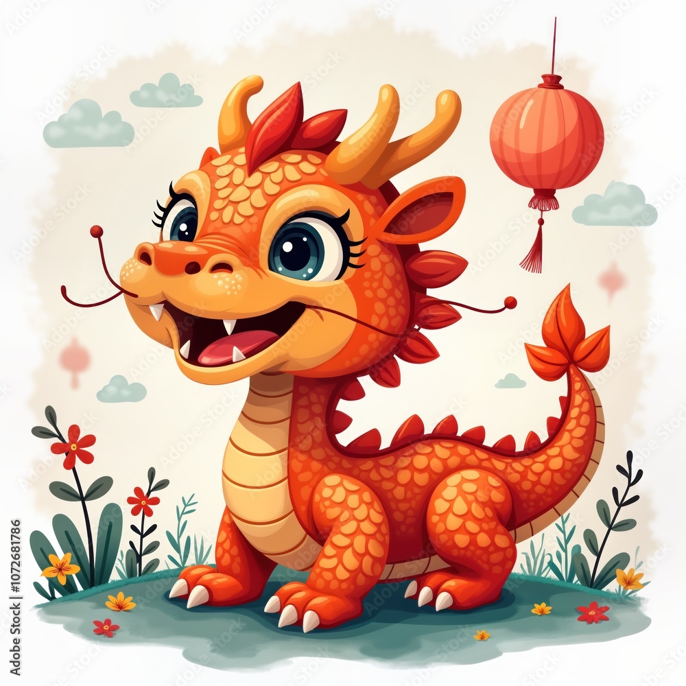 Fototapeta premium Cute cartoon dragon, symbol of Chinese New Year. Baby dragon stands on grass, looking up. Festive red lantern hangs in the air. Perfect for kid books, greeting cards, celebration design.