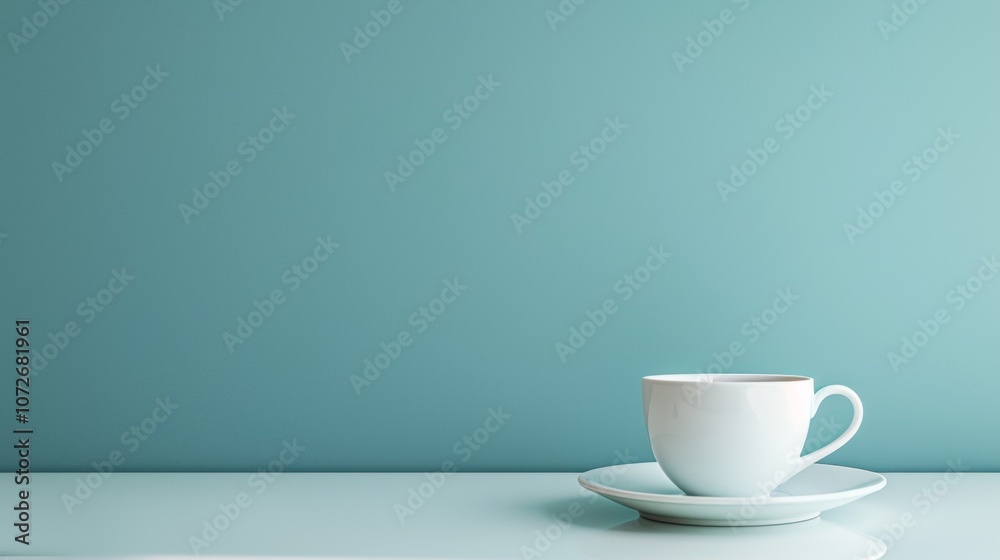 Minimalist white coffee cup on a clean blue background Minimalist white coffee cup on a clean blue background