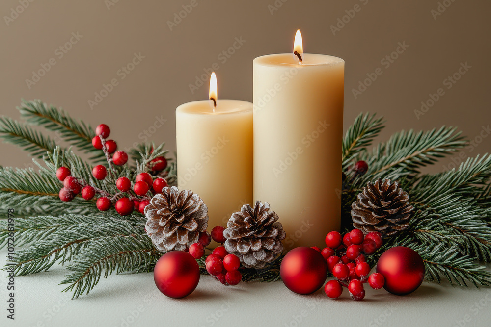 Elegant Arrangement of Christmas Candles Surrounded by Pinecones, Red Berries, and Greenery for a Warm Holiday Decor Atmosphere Elegant Arrangement of Christmas Candles Surrounded by Pinecones, Red Berries, and Greenery for a Warm Holiday Decor Atmosphere