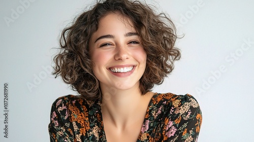 Joyful Young Adult Woman with Curly Hair Radiating Happiness While Smiling in a Bright and Cheerful Setting Captured in High-Quality Imagery