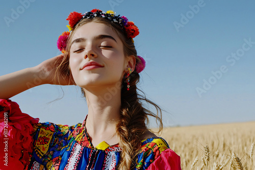 young Ukrainian dreamer touching ripening wheat wearing traditional costume photo