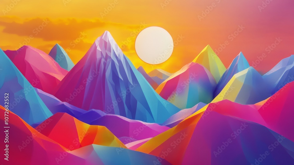 Vibrant Abstract Mountain Landscape with Colorful Peaks and a Bright Sun Rising Above the Horizon, Capturing the Majesty of Nature's Beauty in a Unique Art Style