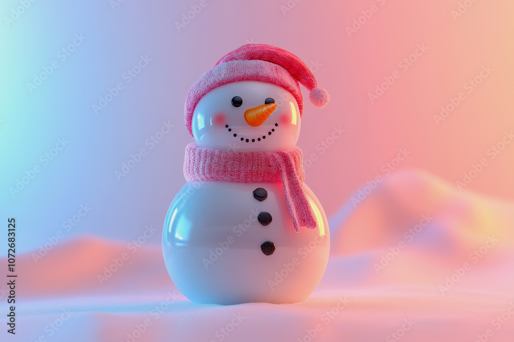 Cheerful Snowman Decorated with Pink Hat and Scarf Set Against a Soft Colorful Background, Perfect for Winter and Holiday Seasonal Themes Cheerful Snowman Decorated with Pink Hat and Scarf Set Against a Soft Colorful Background, Perfect for Winter and Holiday Seasonal Themes