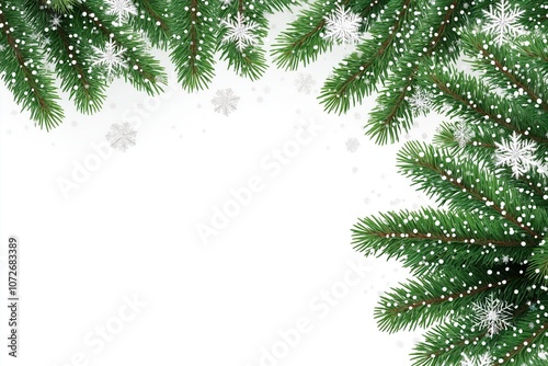 Green pine branches with snowflakes on white background. Xmas fir tree twig border frame. Holiday winter decor design. Spruce evergreen plant. New Year celebration.
