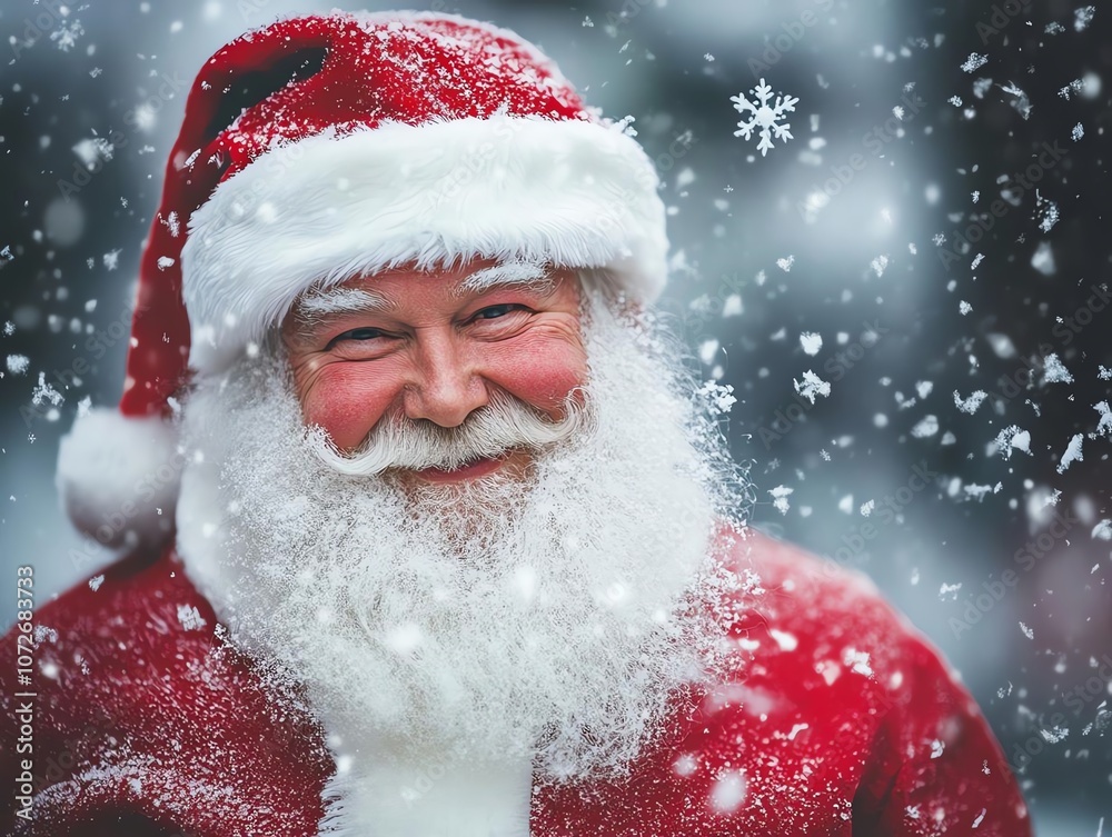 Santa Claus smiling in snowy winter wonderland.