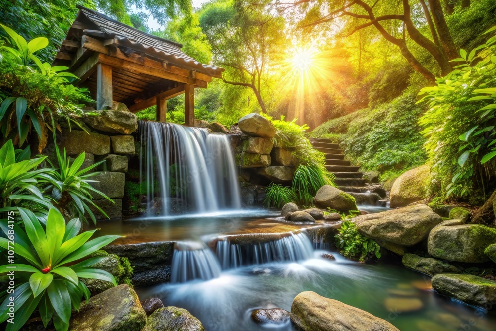 Fototapeta premium Serene Waterfall and Rustic Well Amid Lush Greenery for Tranquil Escape - Nature Escape, Waterfall Serenity, Green Landscape, Rustic Charm