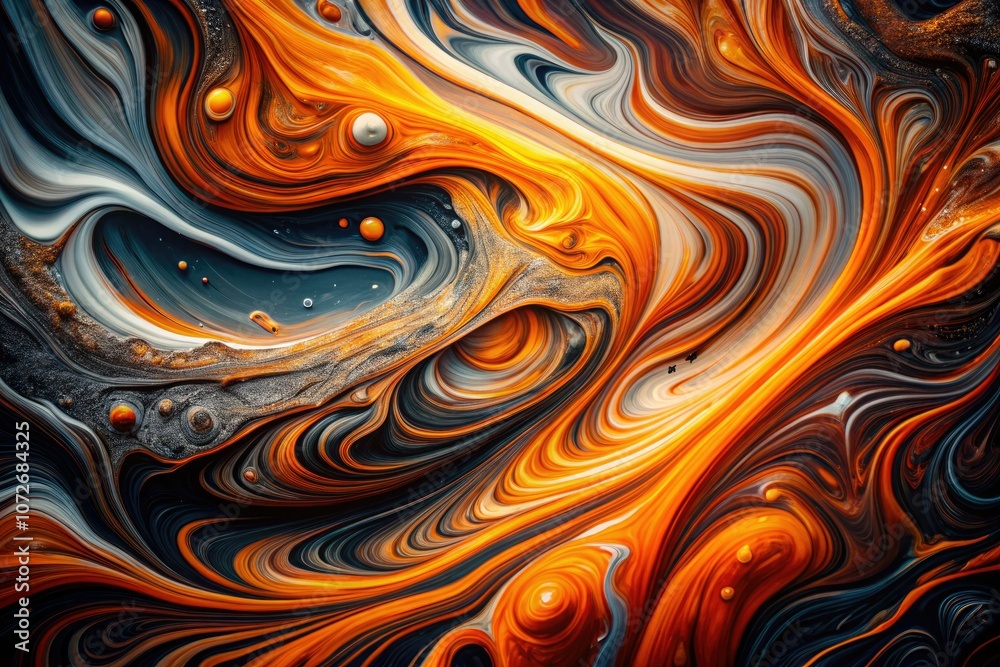 Obraz premium Abstract Fluid Art with Bold Orange and White Swirls on Dark Background - Vivid Colors, Dynamic Patterns, Modern Art, Abstract Design, Artistic Expression, Fluid Dynamics, Creative Artwork