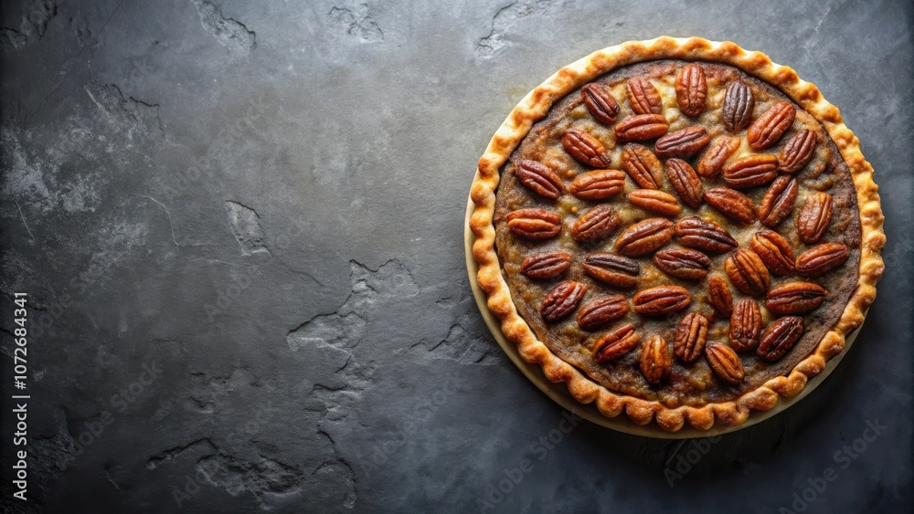 A golden brown pecan pie with a flaky crust sits atop a textured, dark gray stone surface. A golden brown pecan pie with a flaky crust sits atop a textured, dark gray stone surface.