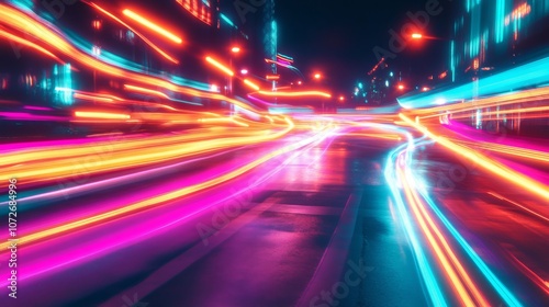 Vibrant Night Cityscape with Colorful Light Trails and Motion Blur Creating a Dynamic Urban Energy in a Busy Intersection