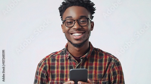 Cheerful Young Man Smiling While Holding Smartphone Against Neutral Background, Capturing Joyful Digital Interaction and Modern Lifestyle photo