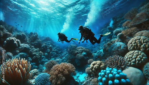 Two Divers Exploring an Underwater Coral Reef
