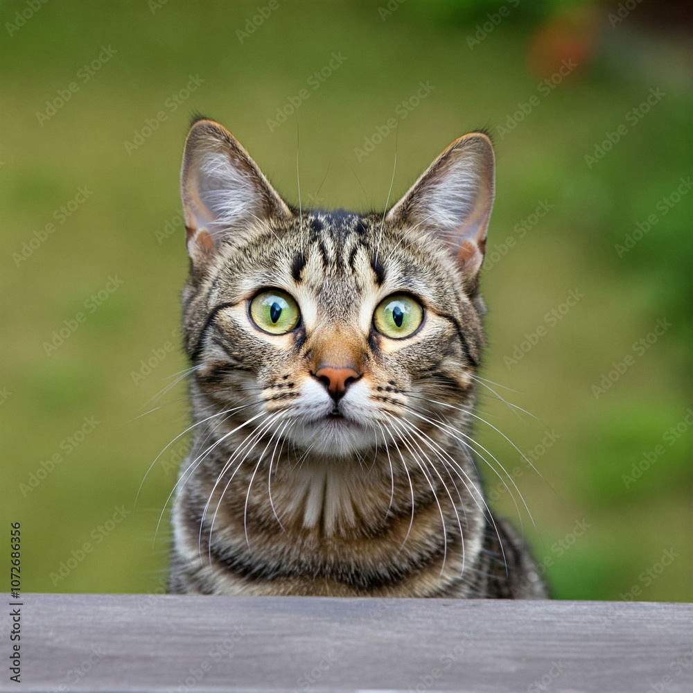 Fototapeta premium A cute tiger-striped kitten with bright eyes makes a shocked expression.