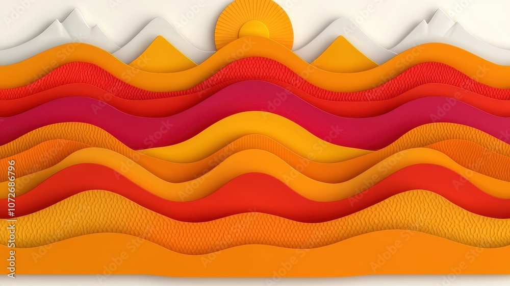 Abstract Sunset Landscape with Mountains in Paper Cut Style Abstract Sunset Landscape with Mountains in Paper Cut Style