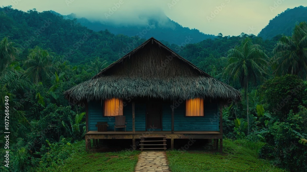 Illuminated Cabin in Lush Rainforest at Dusk Illuminated Cabin in Lush Rainforest at Dusk