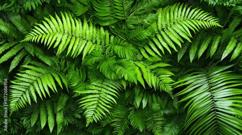 Lush Green Tropical Fern Leaves  Foliage Texture  Nature Background