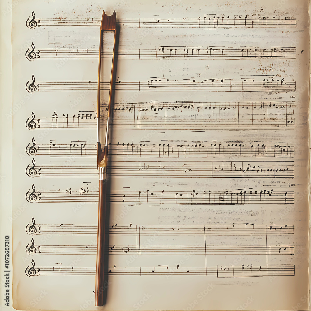 Fototapeta premium Violin Bow with Orchestral Music Sheet Background Highlighting Classic Musical Performance and Artistry