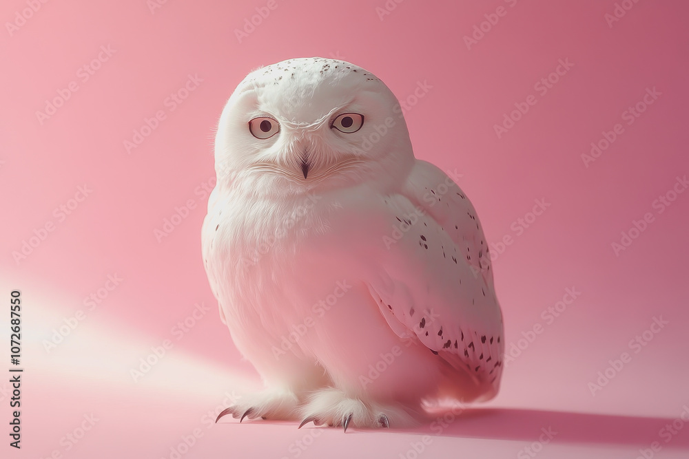 Majestic White Owl Perched Elegantly on a Soft Pink Background, Showcasing Intricate Feather Patterns and Captivating Eyes in a Stunning Portrait Format Majestic White Owl Perched Elegantly on a Soft Pink Background, Showcasing Intricate Feather Patterns and Captivating Eyes in a Stunning Portrait Format