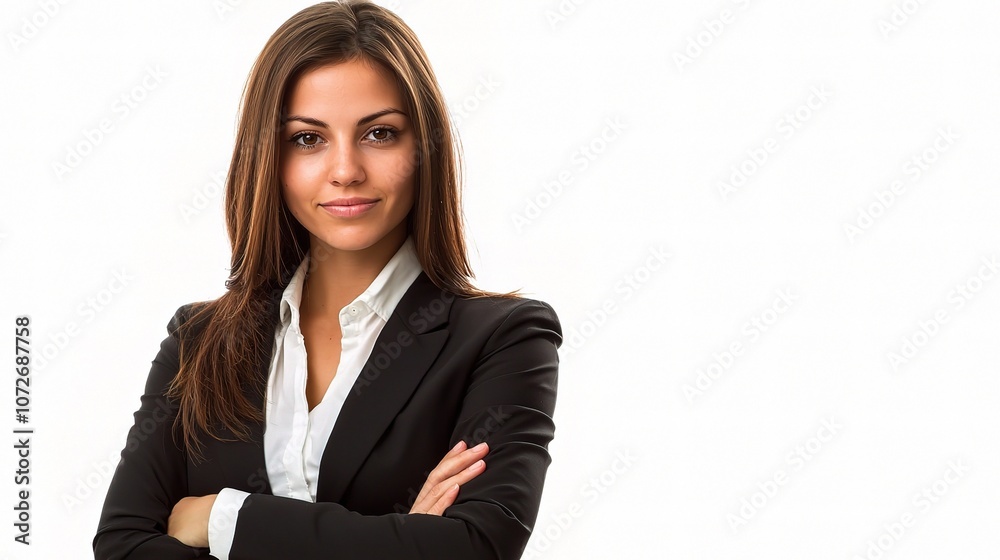 Confident Businesswoman in Black Suit Posing with Positive Expression, Representing IT Helpdesk Management in a Professional Setting Confident Businesswoman in Black Suit Posing with Positive Expression, Representing IT Helpdesk Management in a Professional Setting