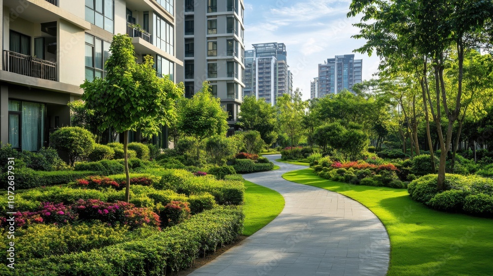 Modern apartment buildings surrounded by lush greenery in an urban setting